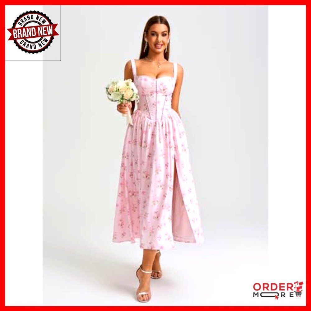 Floral Corset Midi Dress Boho Chic Wedding Guest Summer Dress with Pockets - Picture 5 of 6